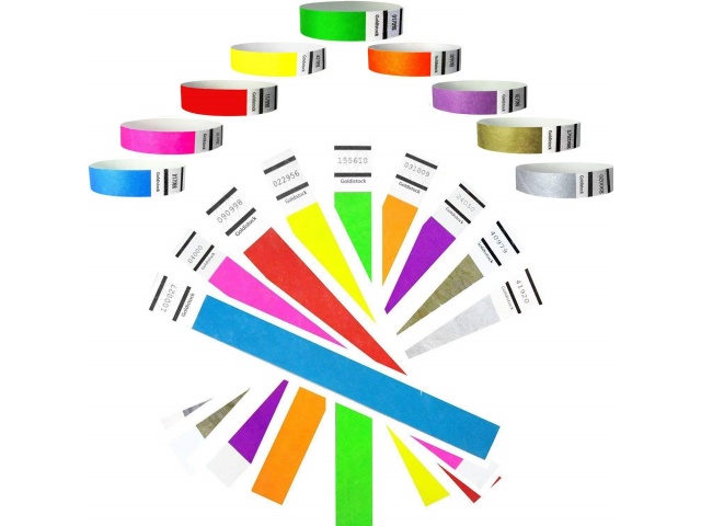 Plancha de 10 pulseras de colores para eventos.